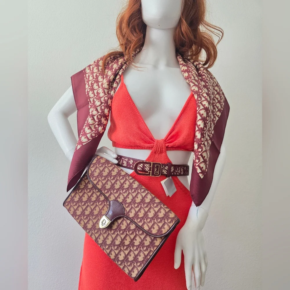 Auth Dior Oblique Trotter Bordeaux Silk Scarf